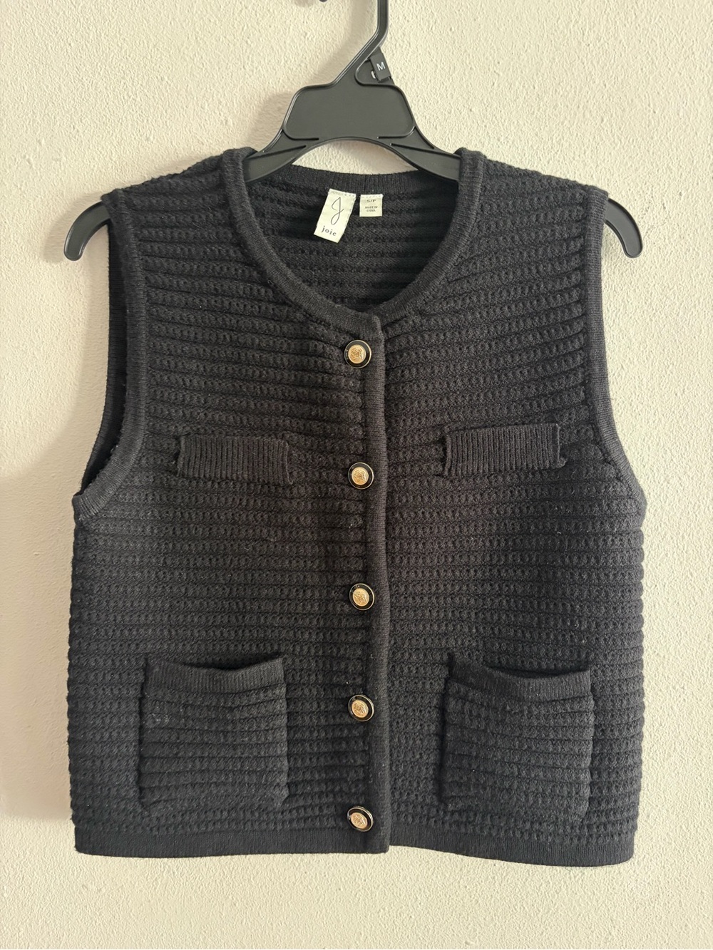 Textured Black Knit Button Vest with Gold Buttons